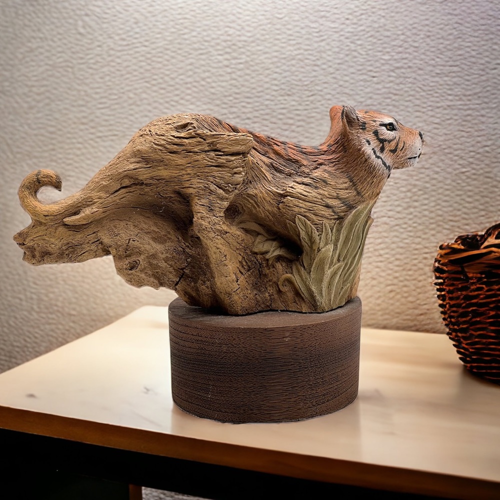 Rick Cain Sculpture Wood Carving Tiger Figurine "Jungle Graces" 6”H x 8"L x 3"W
